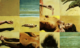 oil painting of woman in sand divided in 12 panels